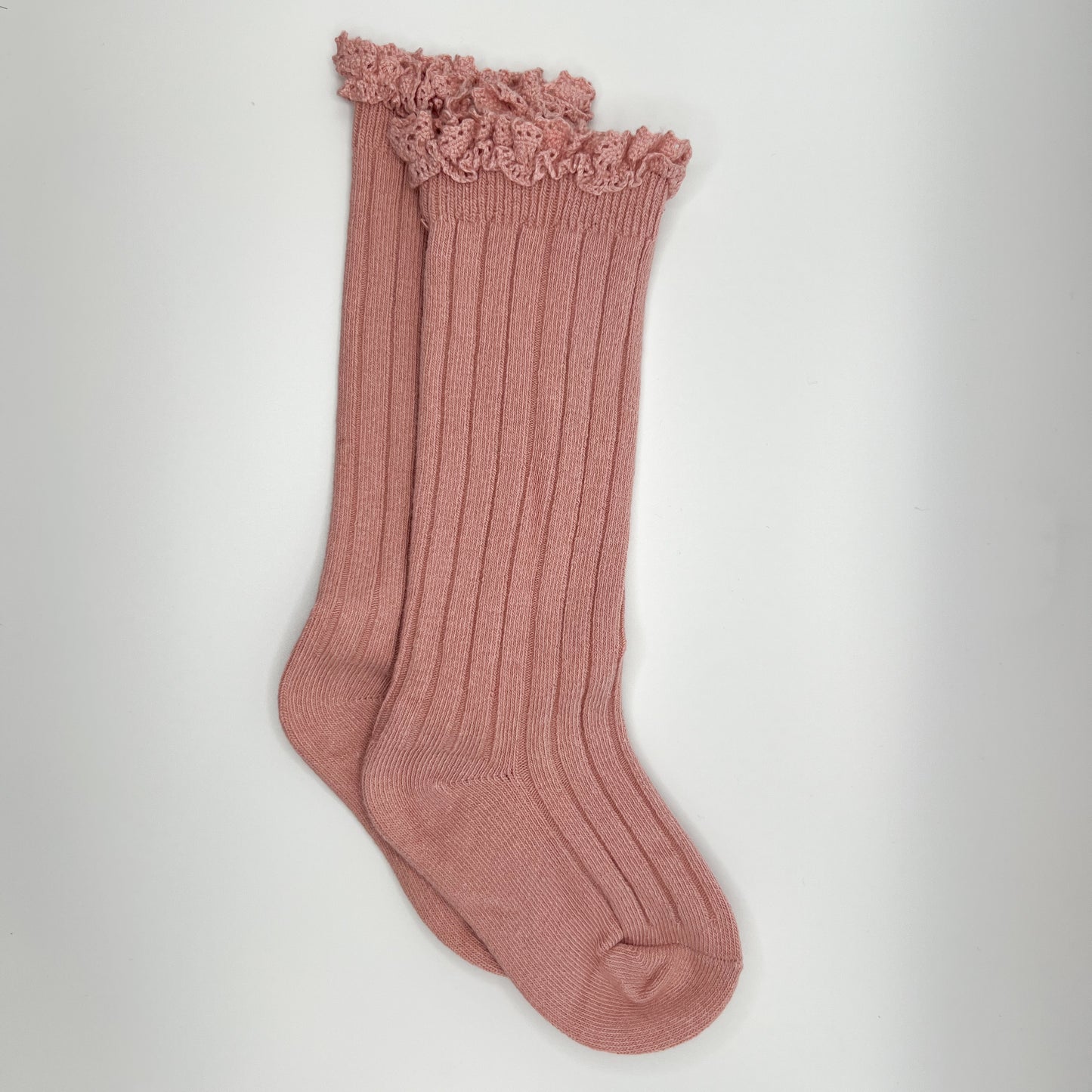 Ruffle Ribbed Knee Socks (Dusty Rose)